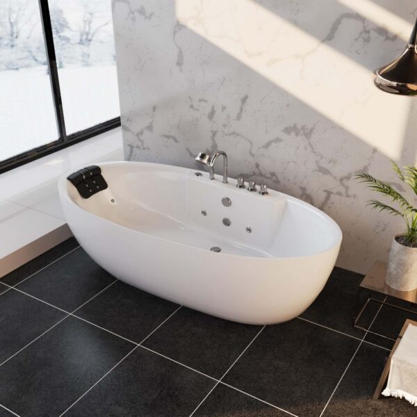 Empava EMPV-59AIS12 59 x 31 1/2 Inch Whirlpool Freestanding Acrylic Oval Bathtub with Tub Filler - White