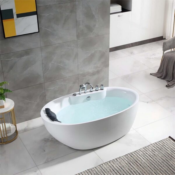 Empava EMPV-59AIS12 59 x 31 1/2 Inch Whirlpool Freestanding Acrylic Oval Bathtub with Tub Filler - White