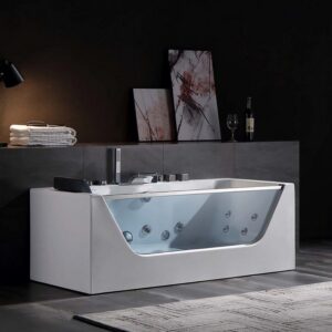 Empava EMPV-59JT408LED 59 1/2 x 29 1/2 Inch Whirlpool Waterfall Faucet Hydromassage Bathtub with Tub Filler - White