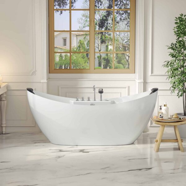 Empava EMPV-67AIS10 67 x 28 3/4 Inch Whirlpool Freestanding Acrylic Bathtub with Tub Filler - White