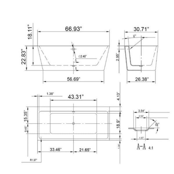 Empava EMPV-67FT1516 66 7/8 x 31 1/2 Inch Freestanding Rectangular Soaking Bathtub with Center Drain in White