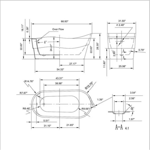 Empava EMPV-67FT1527 66 7/8 x 31 1/2 Inch Freestanding Soaking Bathtub with Left Drain in White