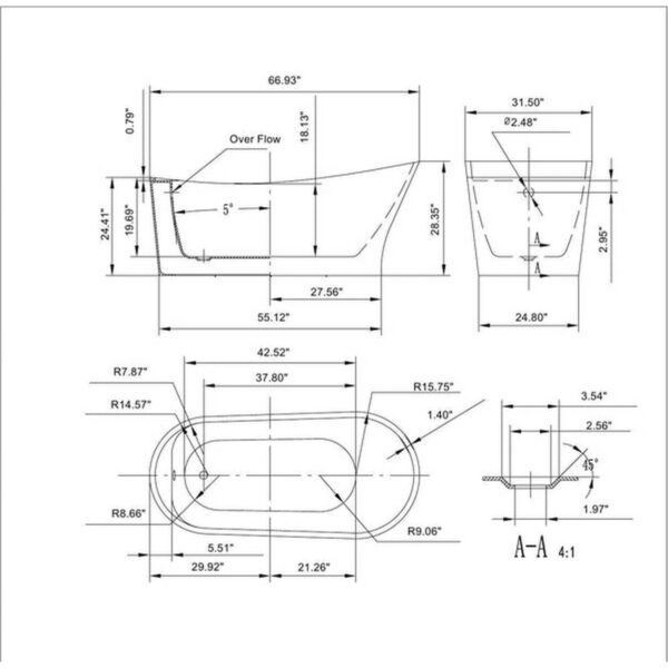 Empava EMPV-67FT1528 66 7/8 x 31 1/2 Inch Freestanding Oval Soaking Bathtub with Left Drain in White