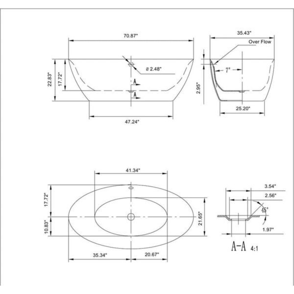 Empava EMPV-71FT1503 70 7/8 x 35 3/8 Inch Freestanding Oval Soaking Bathtub with Center Drain in White