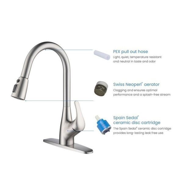 KIBI USA F101 16 1/4 Inch Single Hole Deck Mount Single Handle Pull-Down Kitchen Faucet