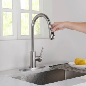 KIBI USA F102 16 1/2 Inch Single Hole Deck Mount Single Handle Pull-Down Kitchen Faucet