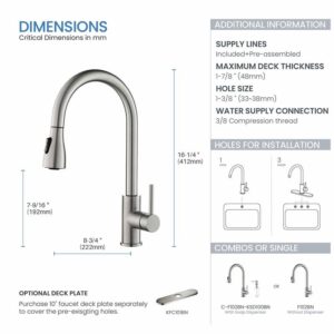 KIBI USA F102 16 1/2 Inch Single Hole Deck Mount Single Handle Pull-Down Kitchen Faucet