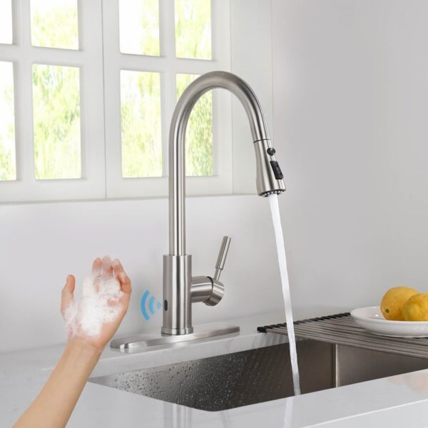 KIBI USA F102-S 16 1/2 Inch Single Hole Deck Mount Single Handle Pull-Down Kitchen Faucet with Touch Sensor