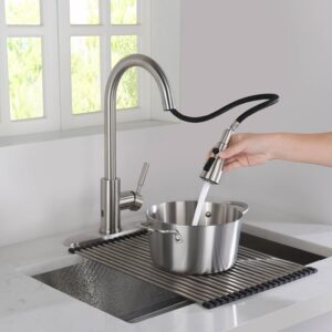 KIBI USA F102-S 16 1/2 Inch Single Hole Deck Mount Single Handle Pull-Down Kitchen Faucet with Touch Sensor