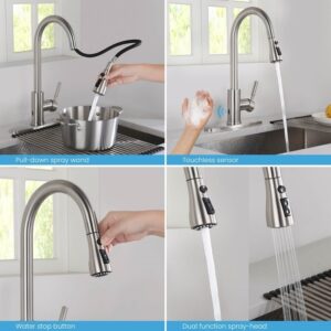 KIBI USA F102-S 16 1/2 Inch Single Hole Deck Mount Single Handle Pull-Down Kitchen Faucet with Touch Sensor