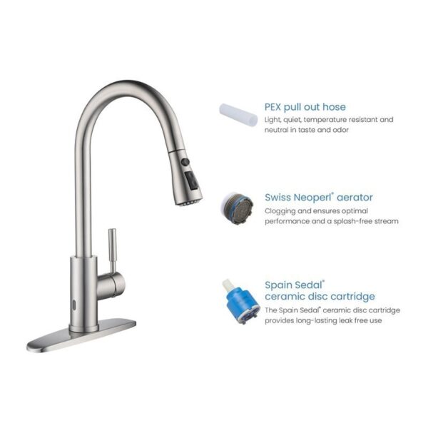 KIBI USA F102-S 16 1/2 Inch Single Hole Deck Mount Single Handle Pull-Down Kitchen Faucet with Touch Sensor