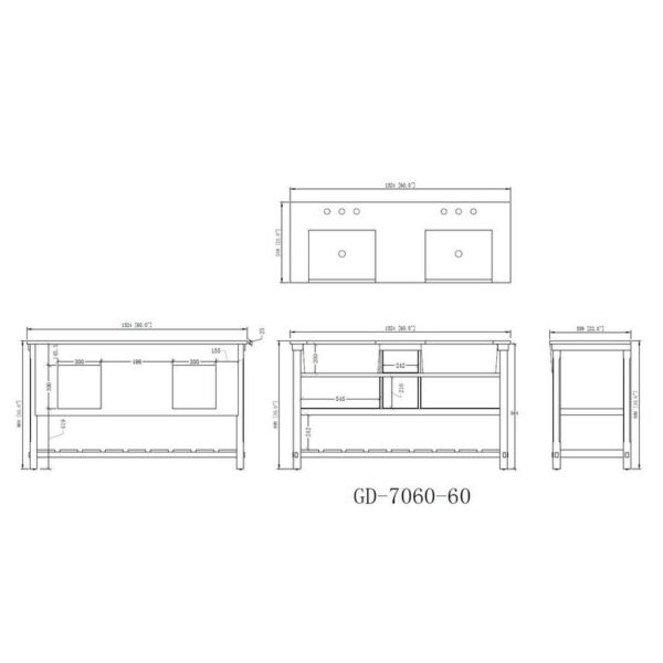 Chans Furniture FW-7060-NB60 60 Inches Kendia Farmhouse Double Sink Bathroom Vanity