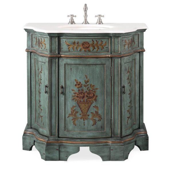 Chans Furniture HF-090G 35 Inches Benton Collection Hand Painted In Floral Design Crossfield Single Sink Bathroom Vanity