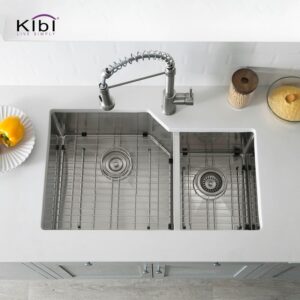 KIBI USA K1-D32 32 Inch Handcrafted Stainless Steel Double Basin Undermount Kitchen Sink with Strainers and Grids