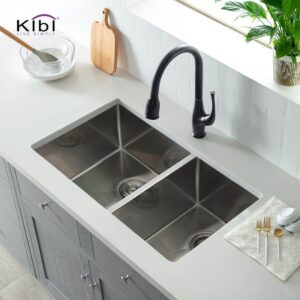 KIBI USA K1-D33-BS 32 3/4 Inch Handcrafted Undermount Double Bowl 60-40 Stainless Steel Kitchen Sink with Strainers and Grids