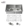 KIBI USA K1-D33-BS 32 3/4 Inch Handcrafted Undermount Double Bowl 60-40 Stainless Steel Kitchen Sink with Strainers and Grids