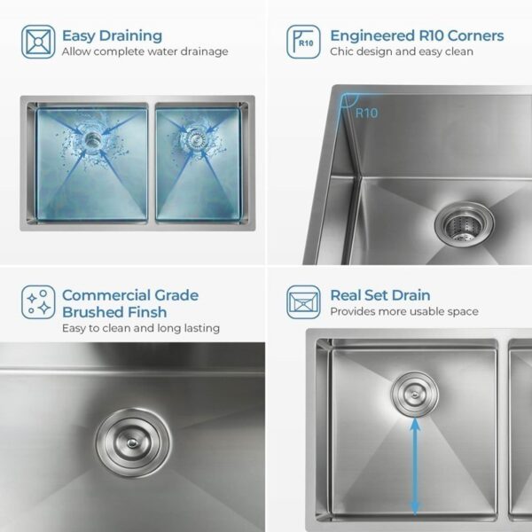 KIBI USA K1-D33-BS 32 3/4 Inch Handcrafted Undermount Double Bowl 60-40 Stainless Steel Kitchen Sink with Strainers and Grids