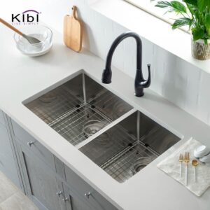 KIBI USA K1-D33-BS 32 3/4 Inch Handcrafted Undermount Double Bowl 60-40 Stainless Steel Kitchen Sink with Strainers and Grids