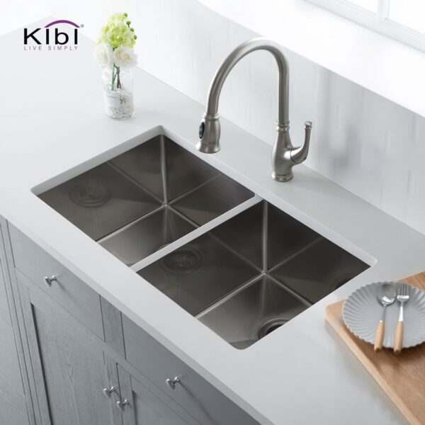 KIBI USA K1-D33-EQ 32 3/4 Inch Handcrafted Undermount Double Bowl 50-50 Stainless Steel Kitchen Sink with Strainers and Grids