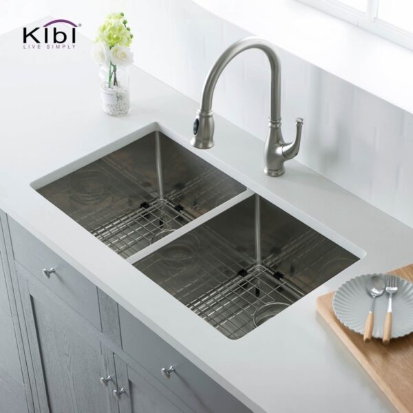 KIBI USA K1-D33-EQ 32 3/4 Inch Handcrafted Undermount Double Bowl 50-50 Stainless Steel Kitchen Sink with Strainers and Grids