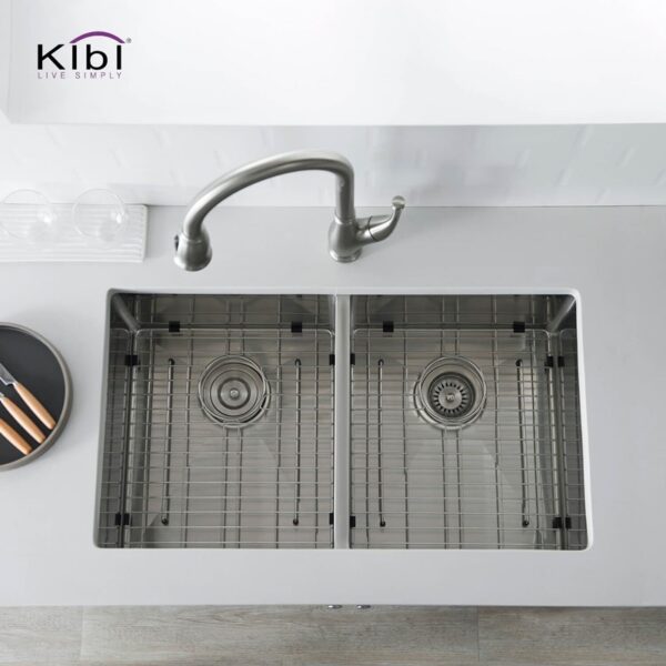 KIBI USA K1-D33-EQ 32 3/4 Inch Handcrafted Undermount Double Bowl 50-50 Stainless Steel Kitchen Sink with Strainers and Grids