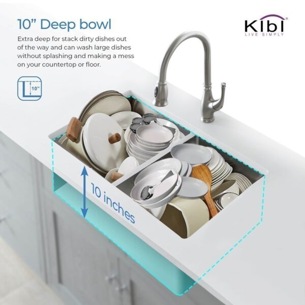 KIBI USA K1-D33-EQ 32 3/4 Inch Handcrafted Undermount Double Bowl 50-50 Stainless Steel Kitchen Sink with Strainers and Grids