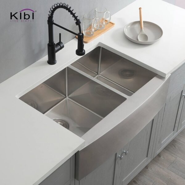 KIBI USA K1-DF33 33 Inch Handcrafted Farmhouse Apron Double Bowl Real 16 Gauge Stainless Steel Kitchen Sink with Strainer and Grid