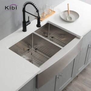 KIBI USA K1-DF33 33 Inch Handcrafted Farmhouse Apron Double Bowl Real 16 Gauge Stainless Steel Kitchen Sink with Strainer and Grid