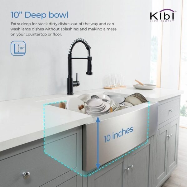 KIBI USA K1-DF33 33 Inch Handcrafted Farmhouse Apron Double Bowl Real 16 Gauge Stainless Steel Kitchen Sink with Strainer and Grid