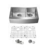 KIBI USA K1-DF36 36 Inch Handcrafted Farmhouse Apron Double Bowl Real 16 Gauge Stainless Steel Kitchen Sink with Strainer and Grid