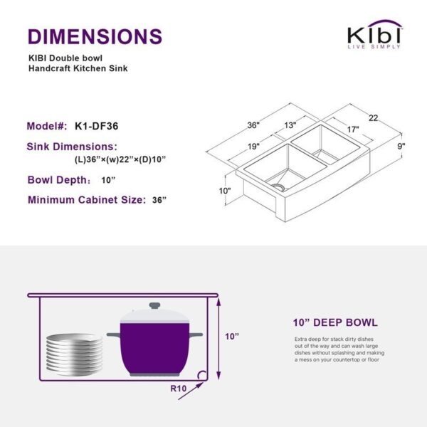 KIBI USA K1-DF36 36 Inch Handcrafted Farmhouse Apron Double Bowl Real 16 Gauge Stainless Steel Kitchen Sink with Strainer and Grid