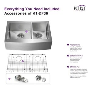 KIBI USA K1-DF36 36 Inch Handcrafted Farmhouse Apron Double Bowl Real 16 Gauge Stainless Steel Kitchen Sink with Strainer and Grid