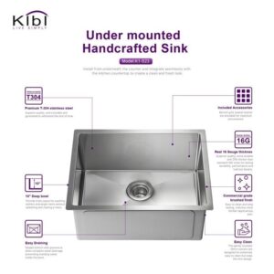 KIBI USA K1-S23 23 Inch Handcrafted Undermount Single Bowl Stainless Steel Kitchen Sink