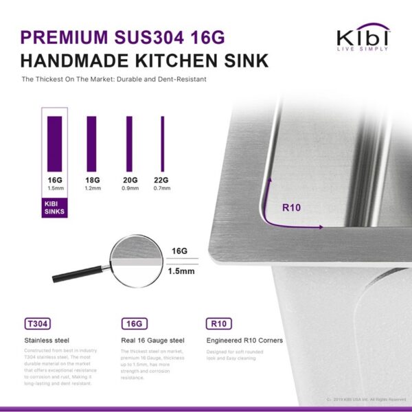 KIBI USA K1-S23 23 Inch Handcrafted Undermount Single Bowl Stainless Steel Kitchen Sink