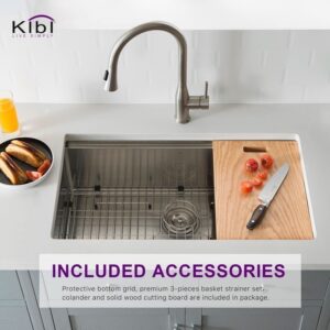 KIBI USA K1-S33T 32 3/4 Inch Handcrafted Single Bowl 16 Gauge Stainless Steel Undermount Sink Set