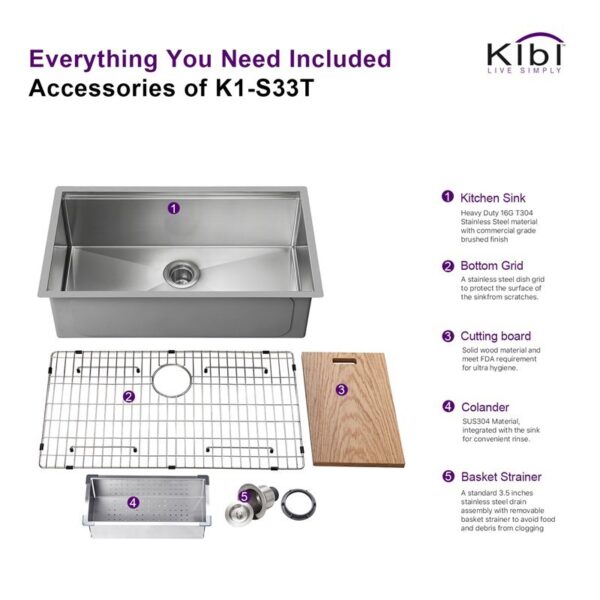 KIBI USA K1-S33T 32 3/4 Inch Handcrafted Single Bowl 16 Gauge Stainless Steel Undermount Sink Set