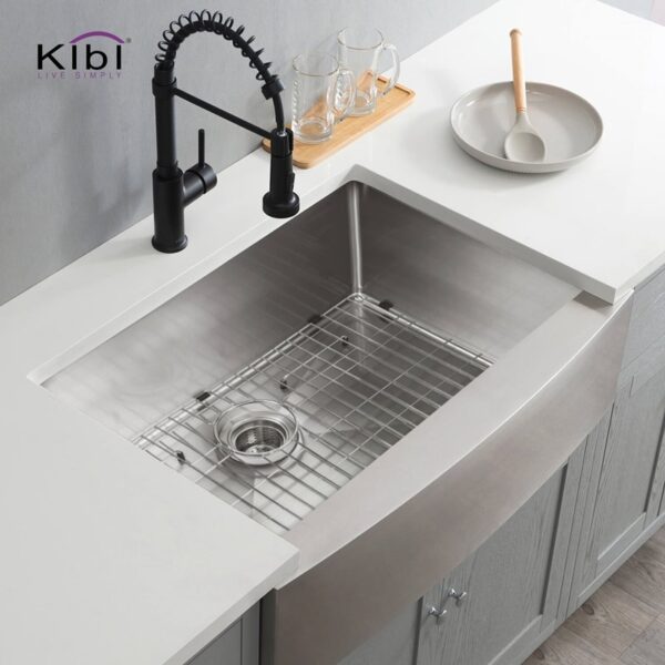 KIBI USA K1-SF30 30 Inch Handcrafted Farmhouse Apron Single Bowl Real 16 Gauge Stainless Steel Kitchen Sink with Strainer and Grid