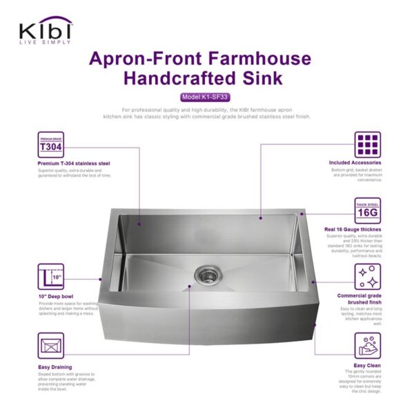 KIBI USA K1-SF33 33 Inch Handcrafted Farmhouse Apron Single Bowl Real 16 Gauge Stainless Steel Kitchen Sink with Strainer and Grid