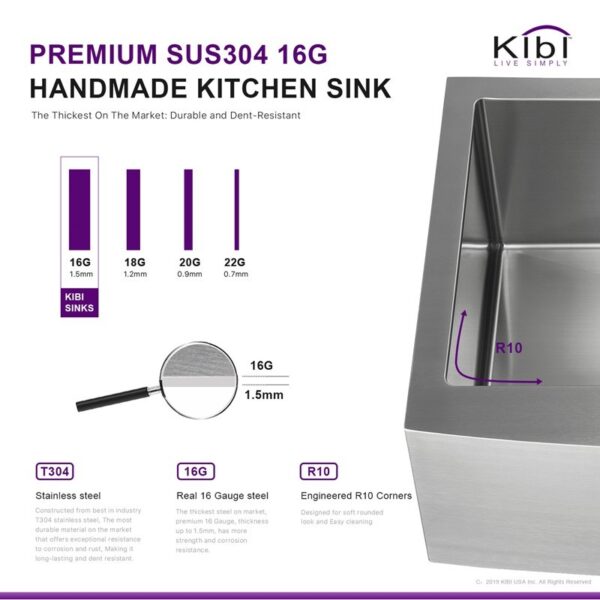 KIBI USA K1-SF33 33 Inch Handcrafted Farmhouse Apron Single Bowl Real 16 Gauge Stainless Steel Kitchen Sink with Strainer and Grid