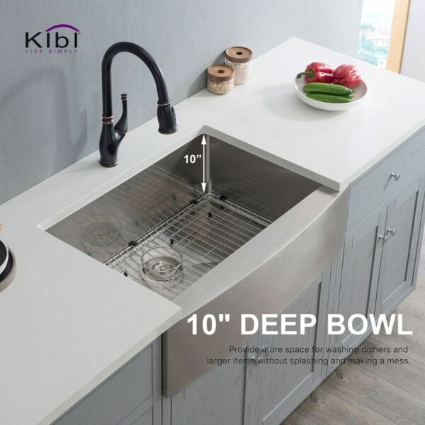 KIBI USA K1-SF33 33 Inch Handcrafted Farmhouse Apron Single Bowl Real 16 Gauge Stainless Steel Kitchen Sink with Strainer and Grid