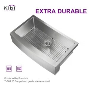 KIBI USA K1-SF36 36 Inch Handcrafted Farmhouse Apron Single Bowl Real 16 Gauge Stainless Steel Kitchen Sink with Strainer and Grid