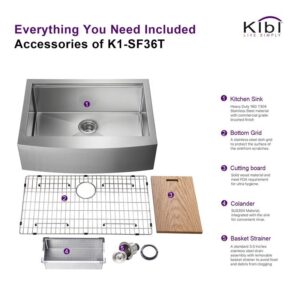 KIBI USA K1-SF36T 36 Inch Handcrafted Farmhouse Apron Single Bowl Stainless Steel Kitchen Sink Set