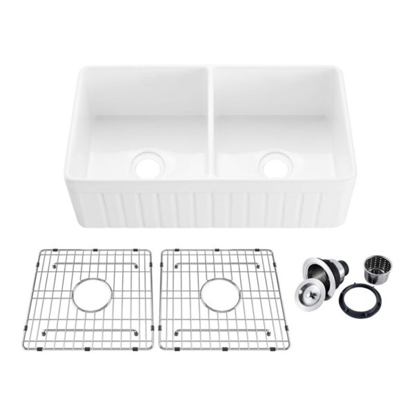 KIBI USA K2-DF33PI Pillar 33 Inch Fireclay Farmhouse Undermount Double Kitchen Sink with Bottom Grid and Strainer - White