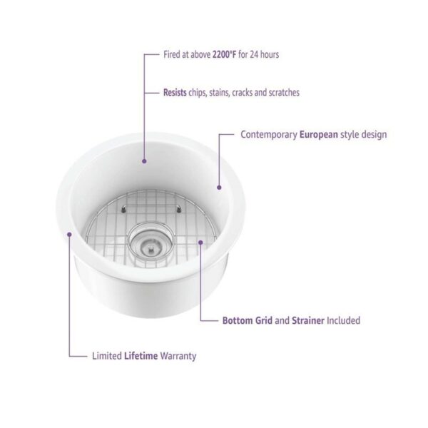 KIBI USA K2-S19RO Crater 18 1/2 Inch Fireclay Farmhouse Undermount Kitchen Sink with Bottom Grid and Strainer - White