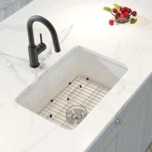 KIBI USA K2-S27 Landis 26 3/4 Inch Fireclay Farmhouse Undermount Kitchen Sink with Bottom Grid and Strainer - White