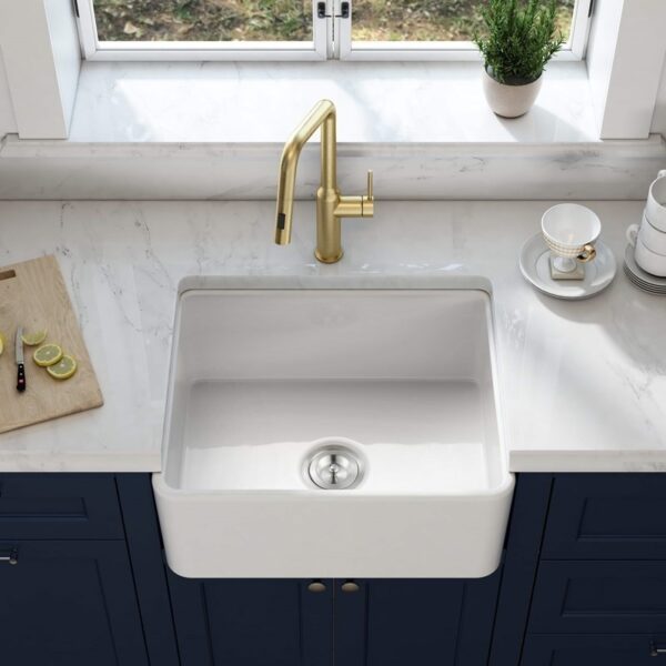 KIBI USA K2-SF24 Landis 24 Inch Fireclay Farmhouse Undermount Kitchen Sink with Bottom Grid and Strainer - White