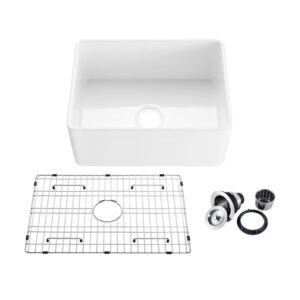 KIBI USA K2-SF24 Landis 24 Inch Fireclay Farmhouse Undermount Kitchen Sink with Bottom Grid and Strainer - White