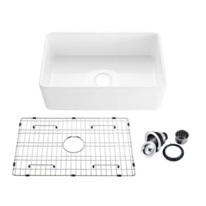 KIBI USA K2-SF30 Landis 30 Inch Fireclay Farmhouse Undermount Kitchen Sink with Bottom Grid and Strainer - White