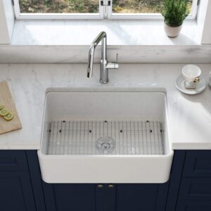 KIBI USA K2-SF30 Landis 30 Inch Fireclay Farmhouse Undermount Kitchen Sink with Bottom Grid and Strainer - White