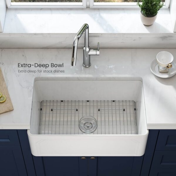 KIBI USA K2-SF30AR Arch 30 Inch Fireclay Farmhouse Undermount Kitchen Sink with Bottom Grid and Strainer - White